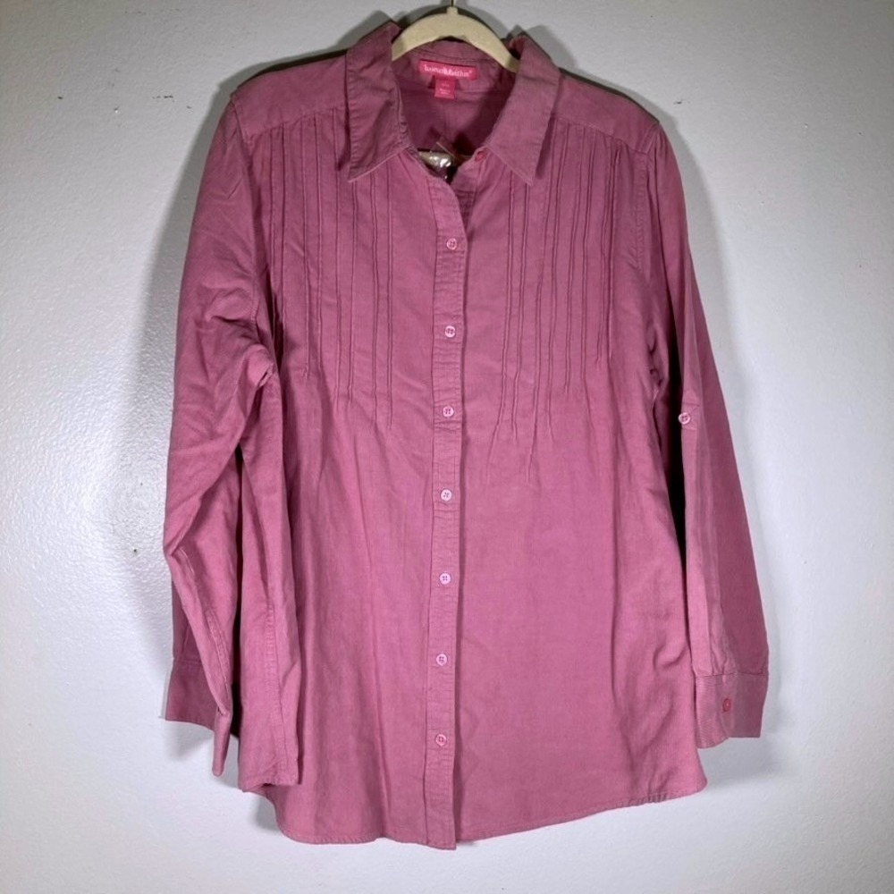 Woman Within L Pink Corduroy Button Down Shirt Pleated Bib Roll Tab Sleeve